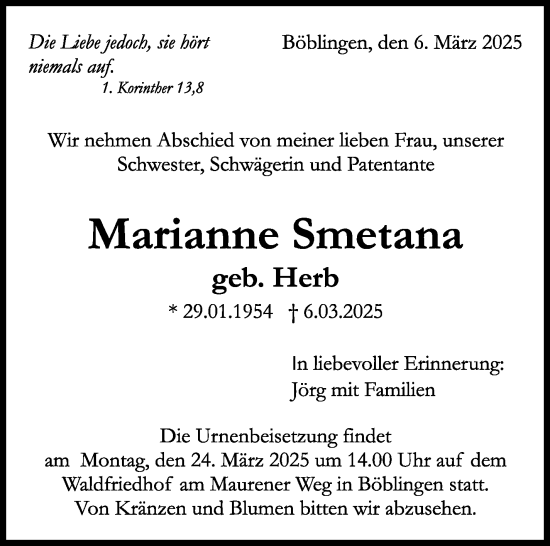 Traueranzeige von Marianne Smetana von Kreiszeitung Böblinger Bote