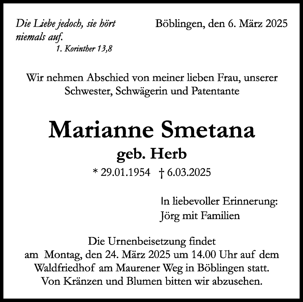  Traueranzeige für Marianne Smetana vom 14.03.2025 aus Kreiszeitung Böblinger Bote