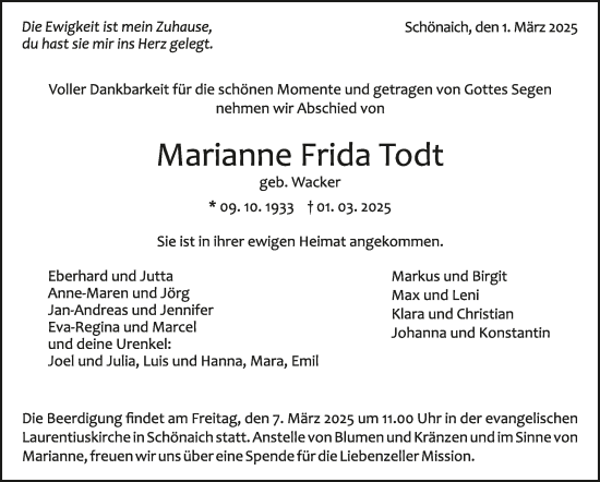 Traueranzeige von Marianne Frida Todt von Kreiszeitung Böblinger Bote