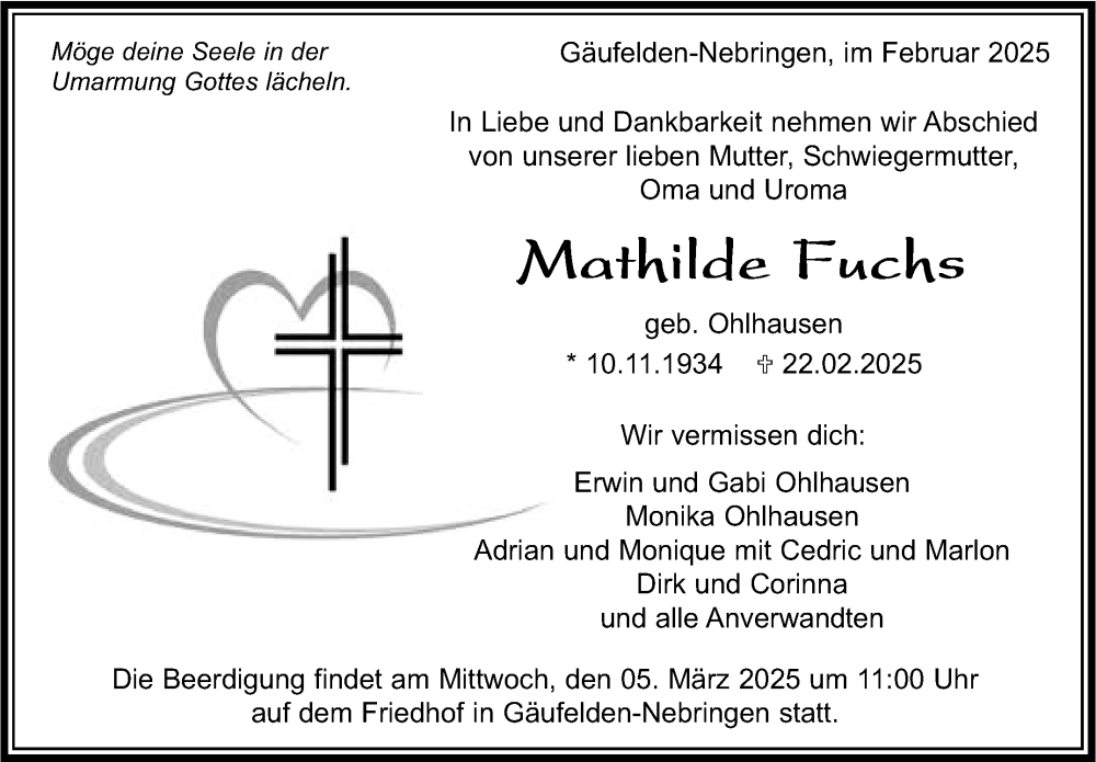  Traueranzeige für Mathilde Fuchs vom 28.02.2025 aus Kreiszeitung Böblinger Bote