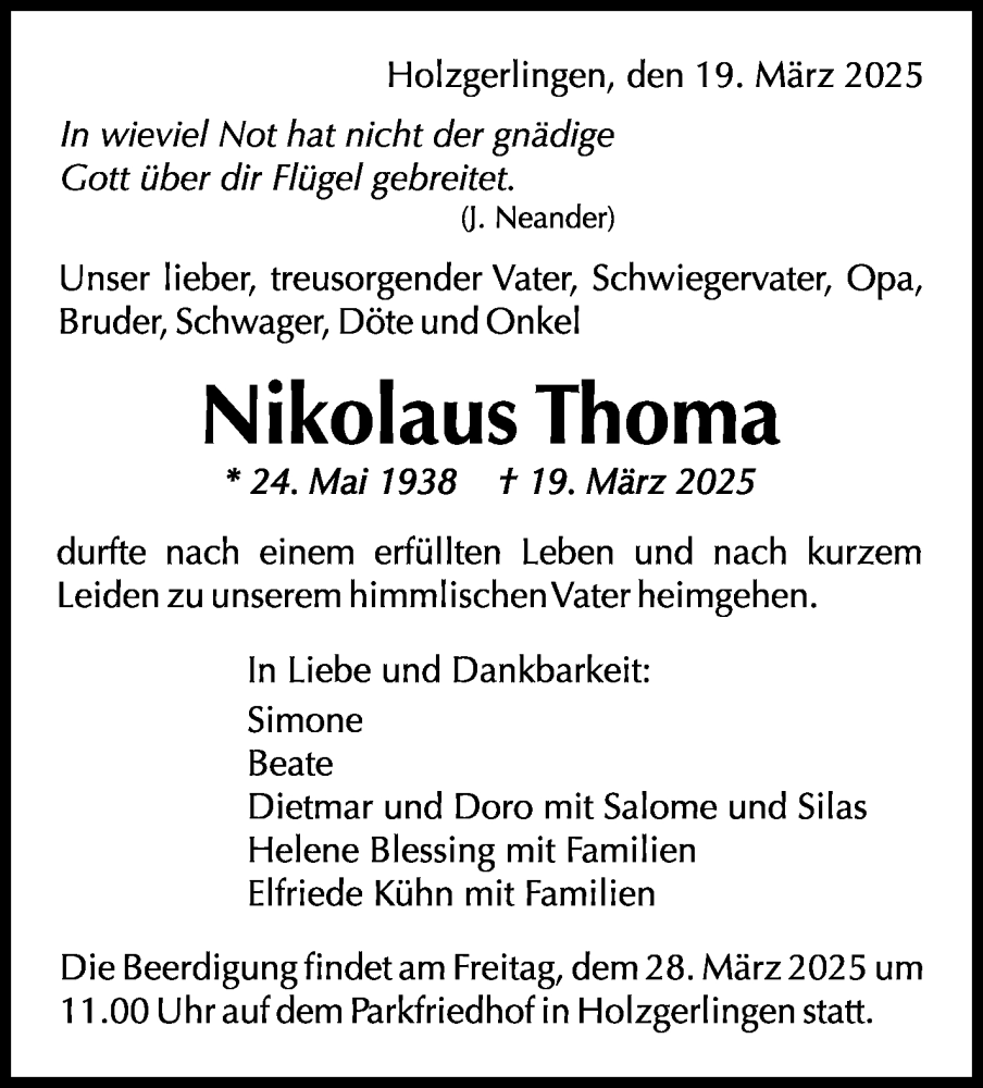  Traueranzeige für Nikolaus Thoma vom 24.03.2025 aus Kreiszeitung Böblinger Bote