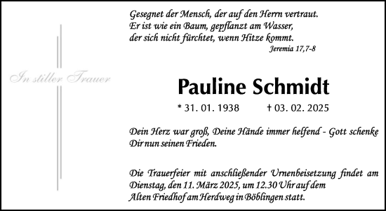 Traueranzeige von Pauline Schmidt von Kreiszeitung Böblinger Bote