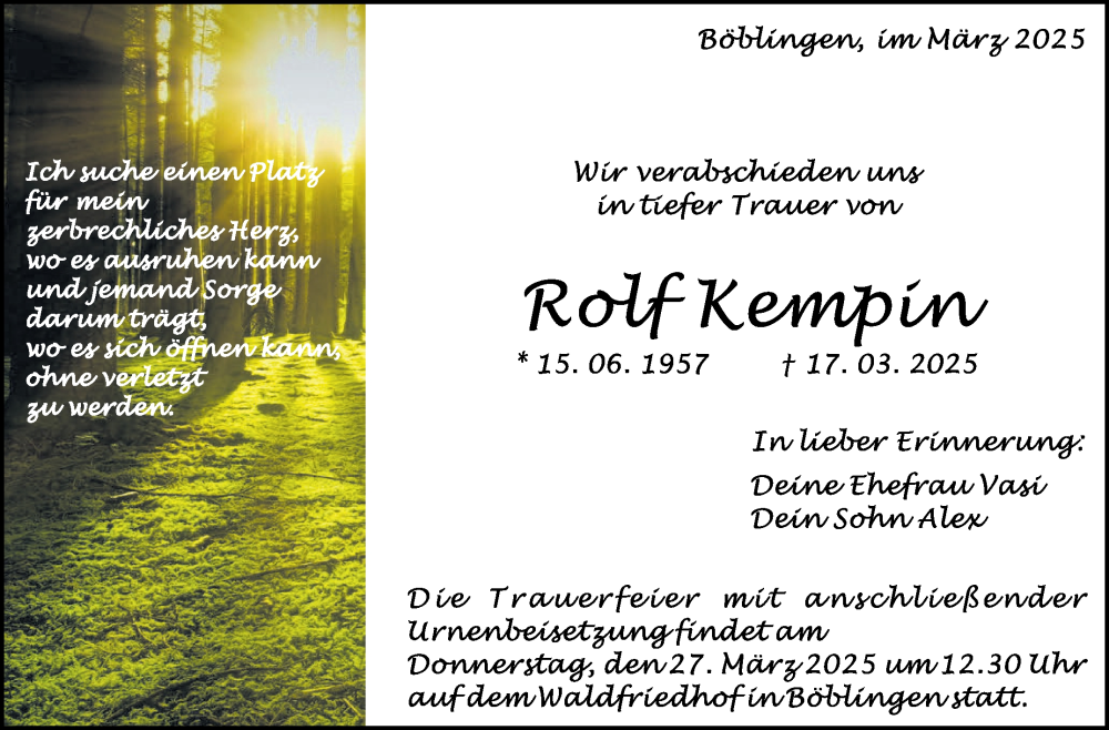  Traueranzeige für Rolf Kempin vom 21.03.2025 aus Kreiszeitung Böblinger Bote