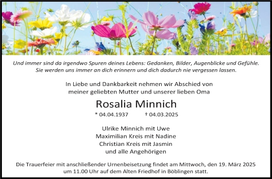 Traueranzeige von Rosalia Minnich von Kreiszeitung Böblinger Bote