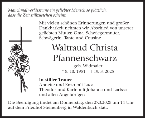 Traueranzeige von Waltraud Christa Pfannenschwarz von Kreiszeitung Böblinger Bote