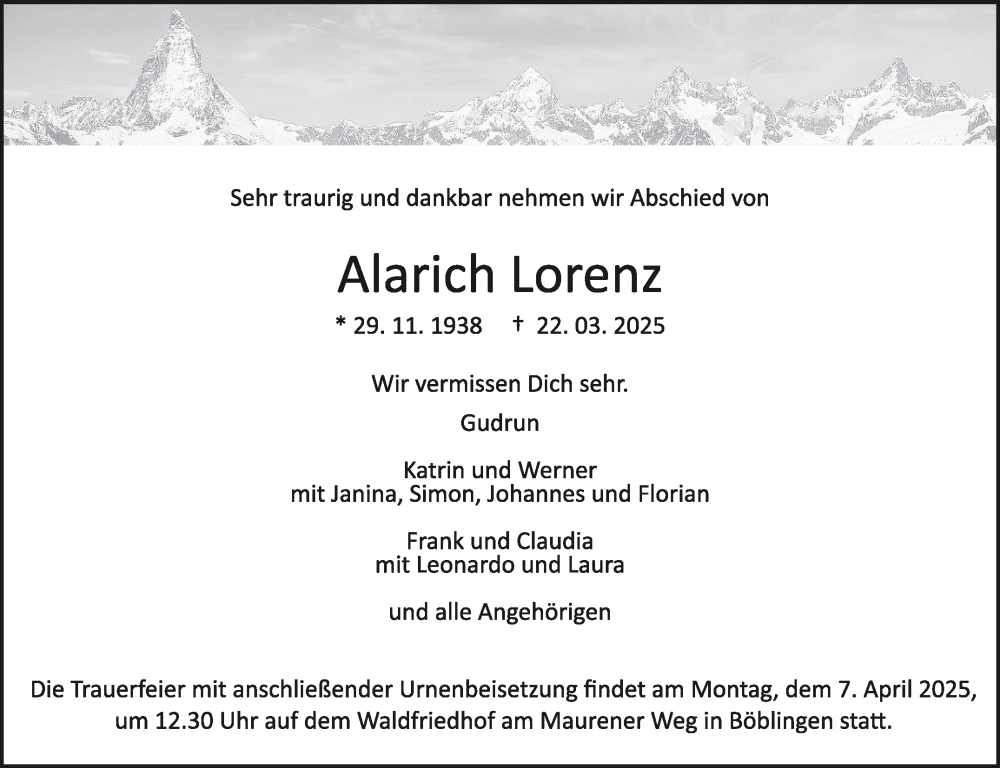  Traueranzeige für Alarich Lorenz vom 31.03.2025 aus Kreiszeitung Böblinger Bote