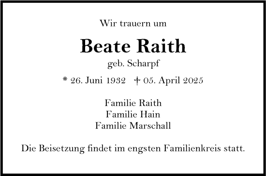 Traueranzeige von Beate Raith von Kreiszeitung Böblinger Bote