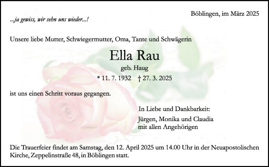 Traueranzeige von Ella Rau von Kreiszeitung Böblinger Bote
