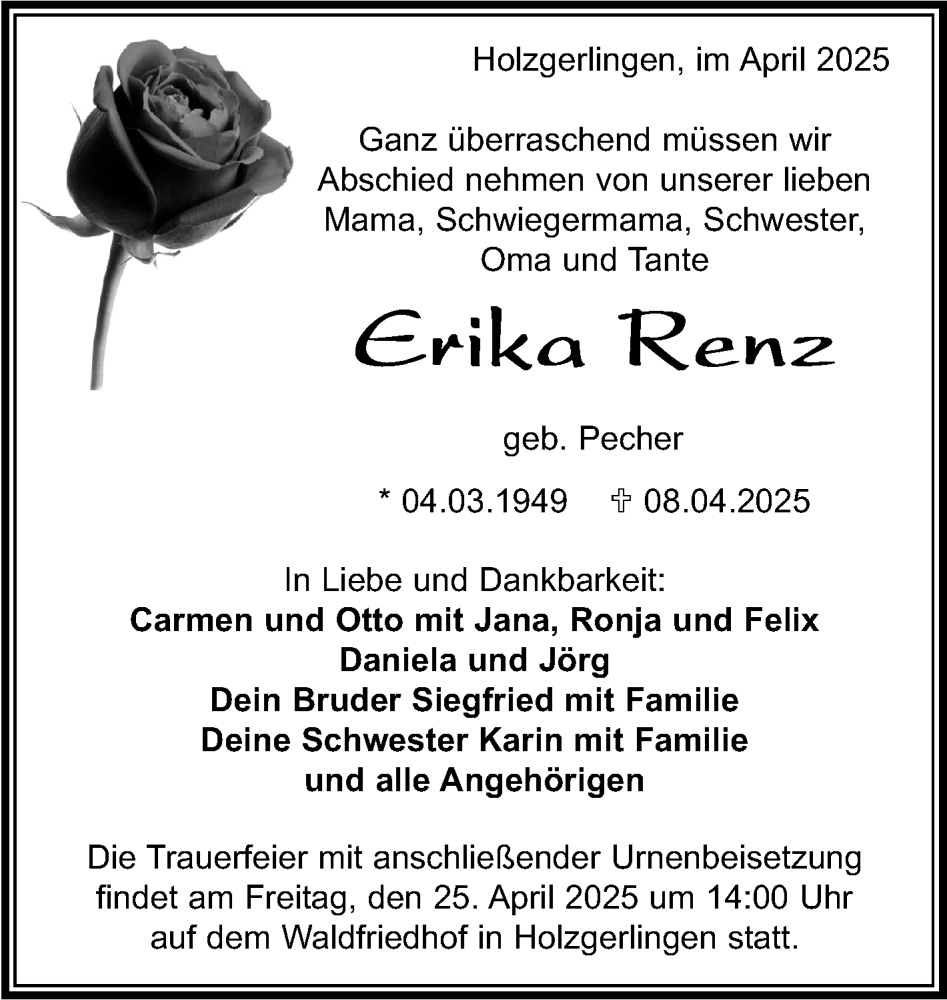  Traueranzeige für Erika Renz vom 15.04.2025 aus Kreiszeitung Böblinger Bote