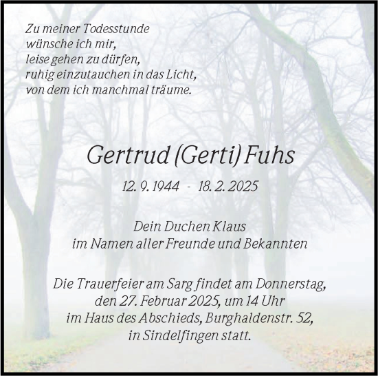 Traueranzeige von Gertrud Fuhs von Kreiszeitung Böblinger Bote