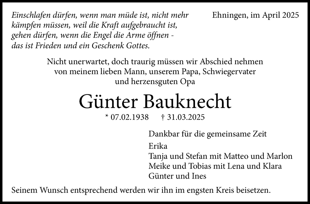  Traueranzeige für Günter Bauknecht vom 03.04.2025 aus Kreiszeitung Böblinger Bote
