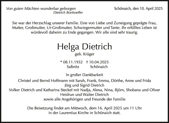 Traueranzeige von Helga Dietrich von Kreiszeitung Böblinger Bote