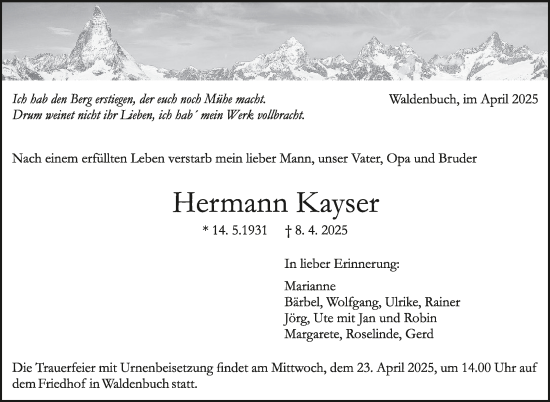 Traueranzeige von Hermann Kayser von Kreiszeitung Böblinger Bote
