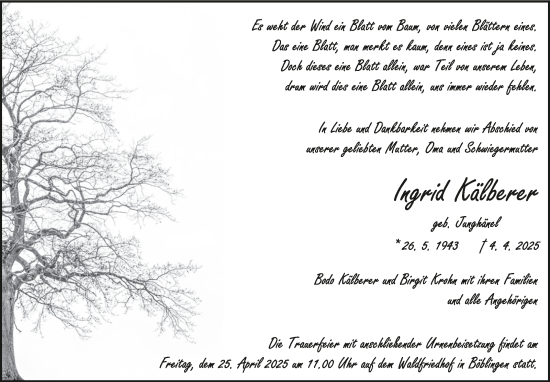 Traueranzeige von Ingrid Kälberer von Kreiszeitung Böblinger Bote