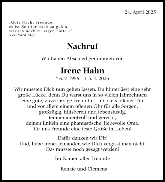 Traueranzeige von Irene Hahn von Kreiszeitung Böblinger Bote