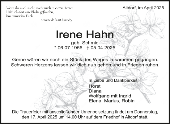 Traueranzeige von Irene Hahn von Kreiszeitung Böblinger Bote