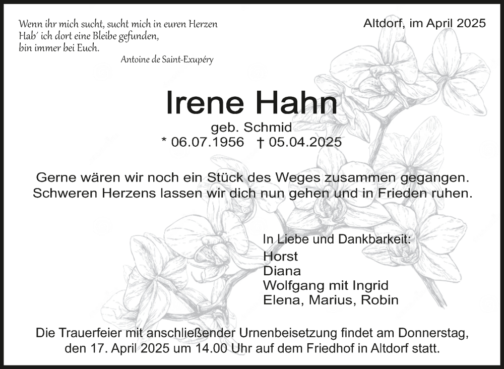  Traueranzeige für Irene Hahn vom 11.04.2025 aus Kreiszeitung Böblinger Bote