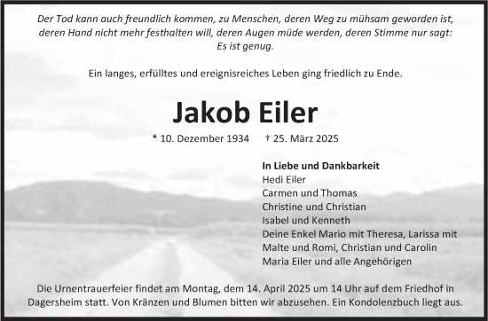 Traueranzeige von Jakob Eiler von Kreiszeitung Böblinger Bote