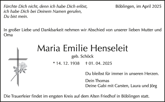 Traueranzeige von Maria Emilie Henseleit von Kreiszeitung Böblinger Bote