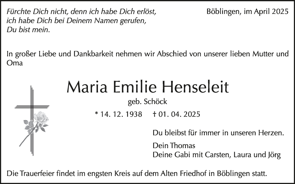  Traueranzeige für Maria Emilie Henseleit vom 09.04.2025 aus Kreiszeitung Böblinger Bote