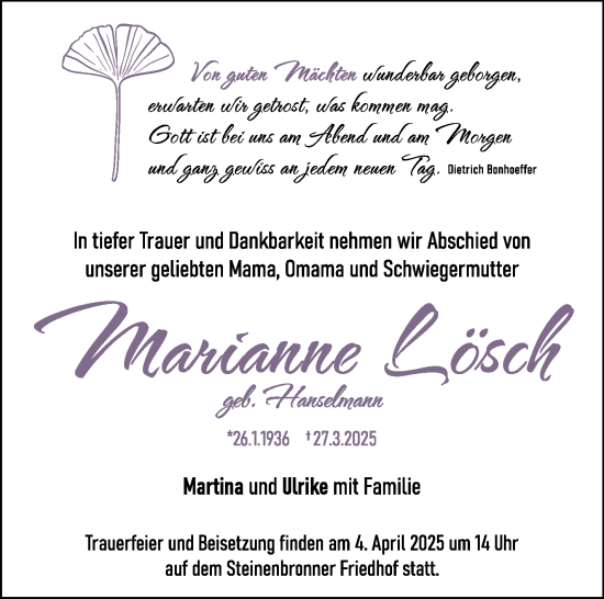 Traueranzeige von Marianne Lösch von Kreiszeitung Böblinger Bote