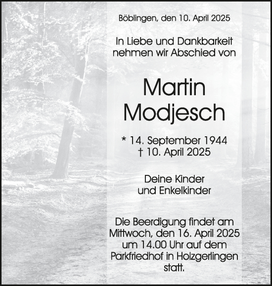 Traueranzeige von Martin Modjesch von Kreiszeitung Böblinger Bote