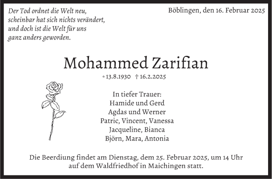 Traueranzeige von Mohammed Zarifian von Kreiszeitung Böblinger Bote