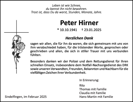 Traueranzeige von Peter Hirner von Kreiszeitung Böblinger Bote