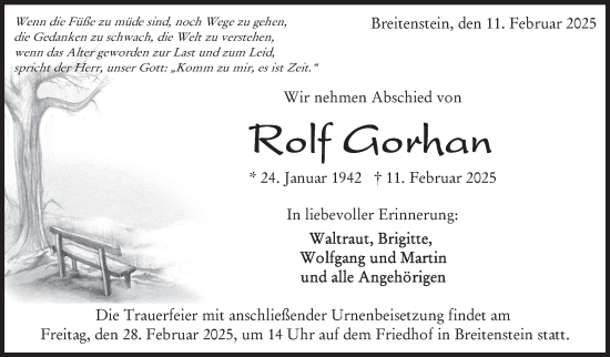 Traueranzeige von Rolf Gorhan von Kreiszeitung Böblinger Bote