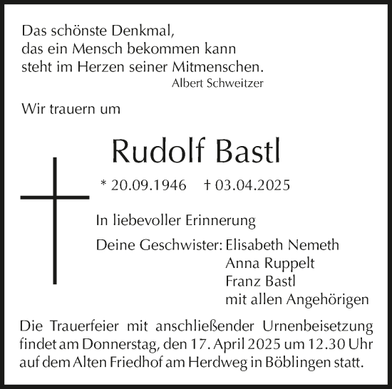 Traueranzeige von Rudolf Bastl von Kreiszeitung Böblinger Bote