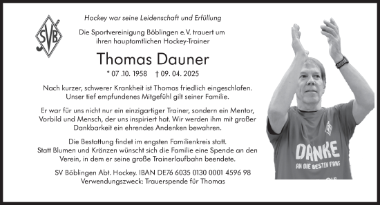 Traueranzeige von Thomas Dauner von Kreiszeitung Böblinger Bote