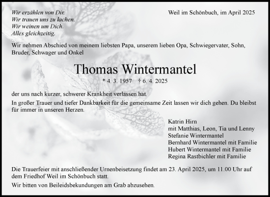 Traueranzeige von Thomas Wintermantel von Kreiszeitung Böblinger Bote