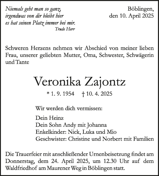 Traueranzeige von Veronika Zajontz von Kreiszeitung Böblinger Bote
