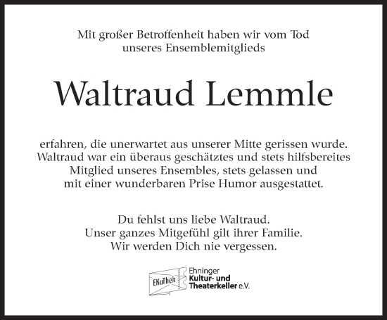 Traueranzeige von Waltraud Lemmle von Kreiszeitung Böblinger Bote