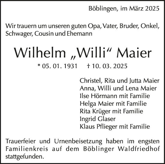 Traueranzeige von Wilhelm Maier von Kreiszeitung Böblinger Bote