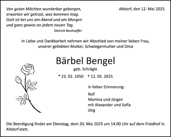 Traueranzeige von Bärbel Bengel von Kreiszeitung Böblinger Bote