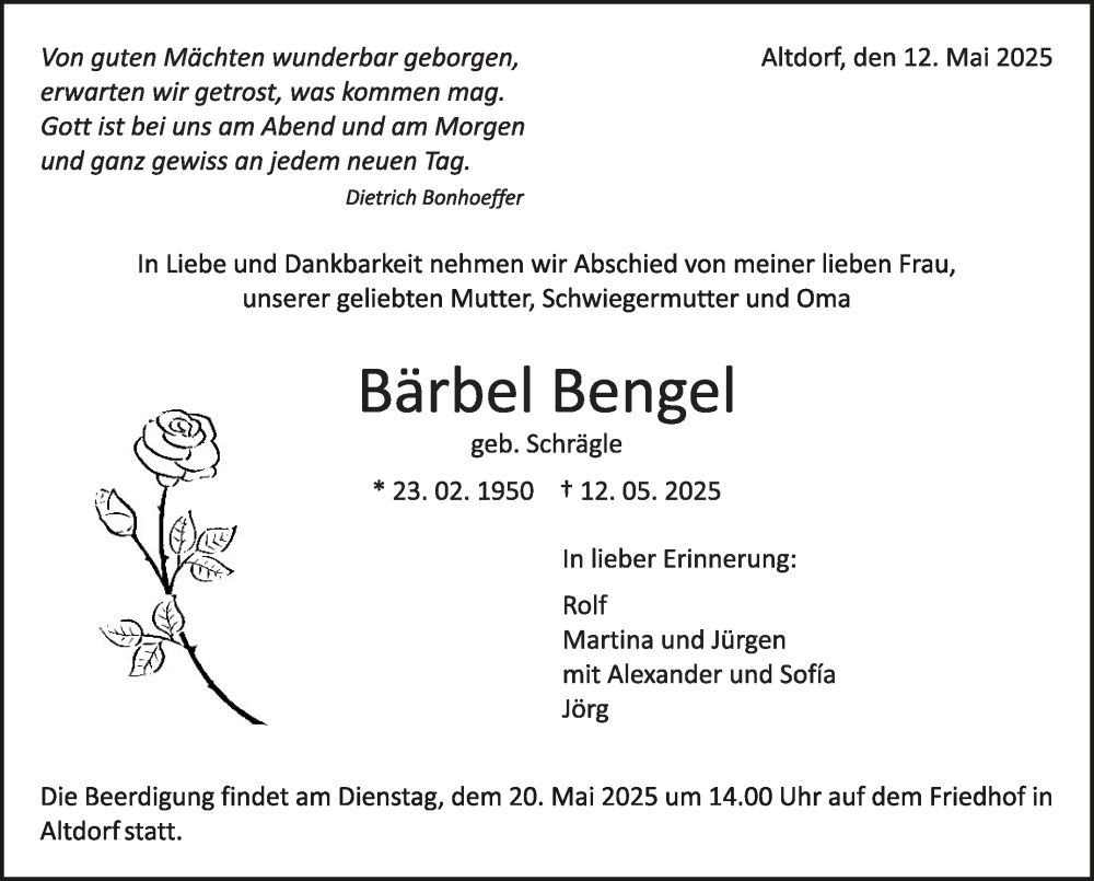  Traueranzeige für Bärbel Bengel vom 16.05.2025 aus Kreiszeitung Böblinger Bote