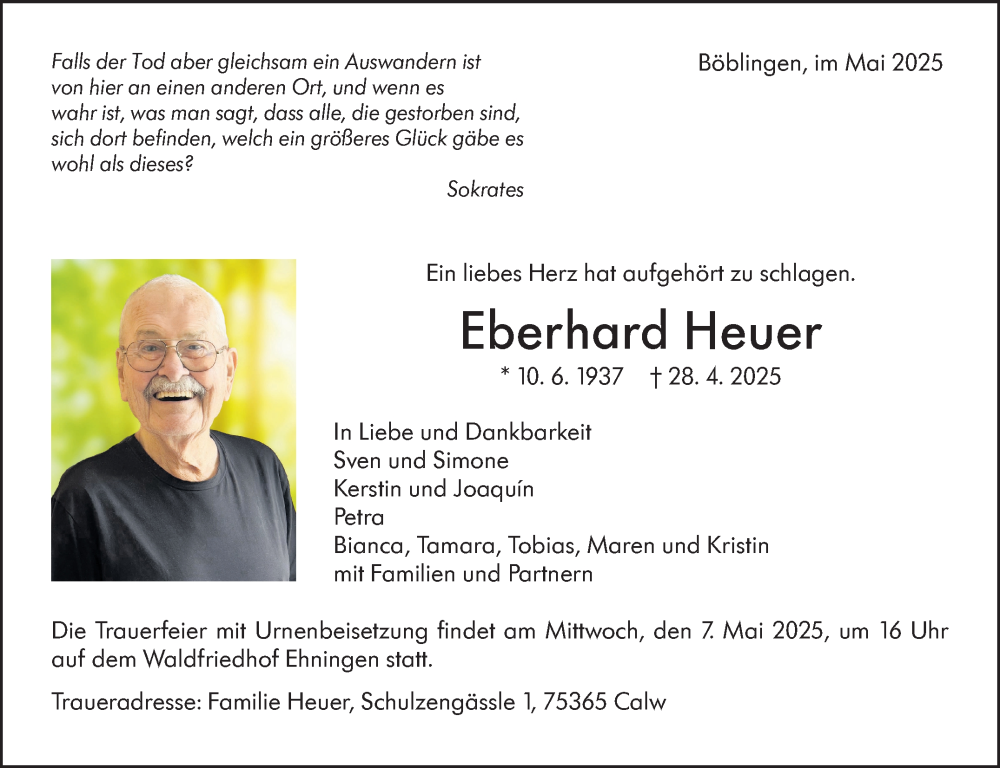  Traueranzeige für Eberhard Heuer vom 03.05.2025 aus Kreiszeitung Böblinger Bote