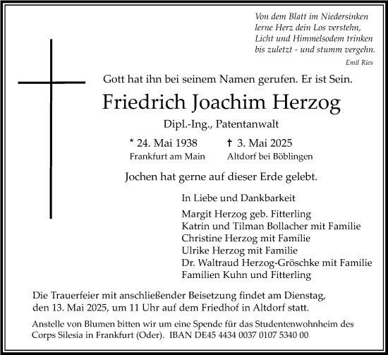 Traueranzeige von Friedrich Joachim Herzog von Kreiszeitung Böblinger Bote