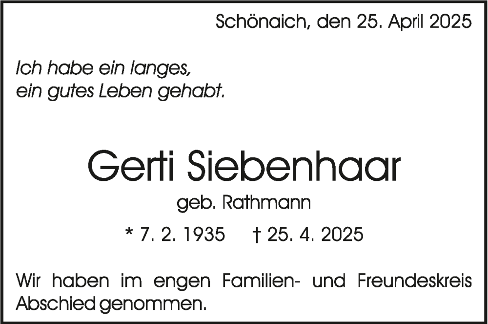  Traueranzeige für Gerti Siebenhaar vom 16.05.2025 aus Kreiszeitung Böblinger Bote