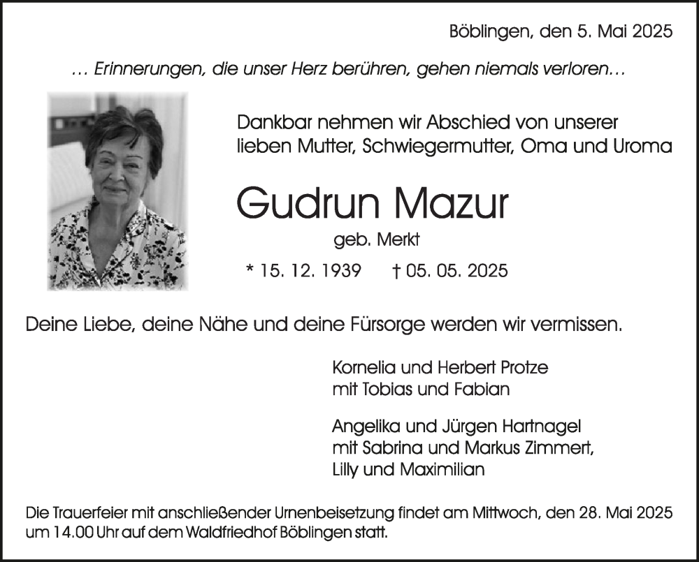  Traueranzeige für Gudrun Mazur vom 10.05.2025 aus Kreiszeitung Böblinger Bote