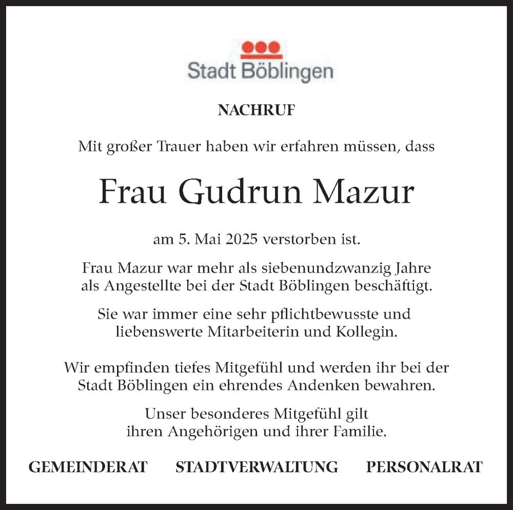  Traueranzeige für Gudrun Mazur vom 12.05.2025 aus Kreiszeitung Böblinger Bote