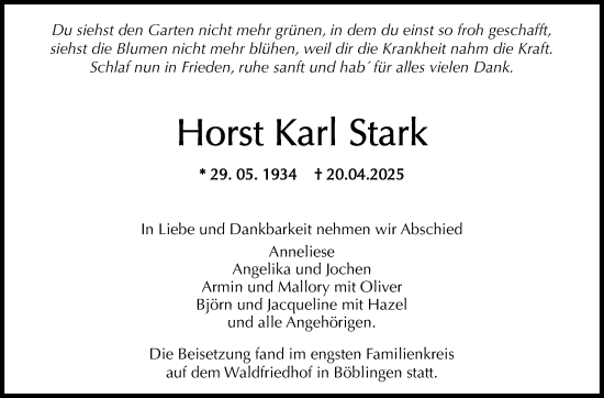 Traueranzeige von Horst Karl Stark von Kreiszeitung Böblinger Bote