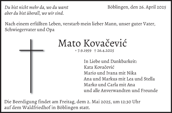 Traueranzeige von Mato Kovacevic von Kreiszeitung Böblinger Bote