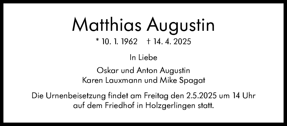  Traueranzeige für Matthias Augustin vom 29.04.2025 aus Kreiszeitung Böblinger Bote