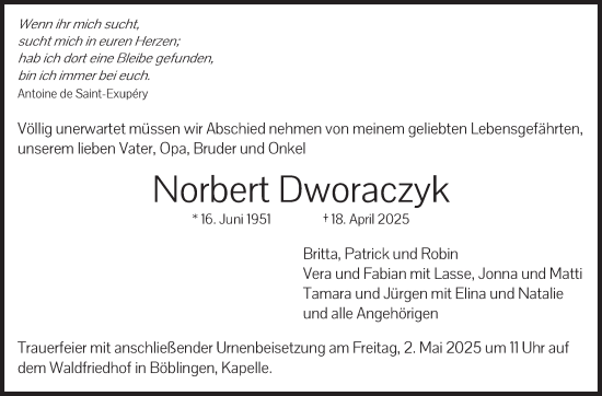 Traueranzeige von Norbert Dworaczyk von Kreiszeitung Böblinger Bote