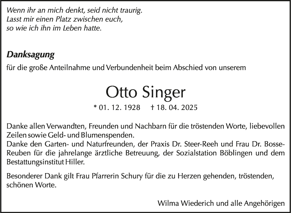  Traueranzeige für Otto Singer vom 16.05.2025 aus Kreiszeitung Böblinger Bote