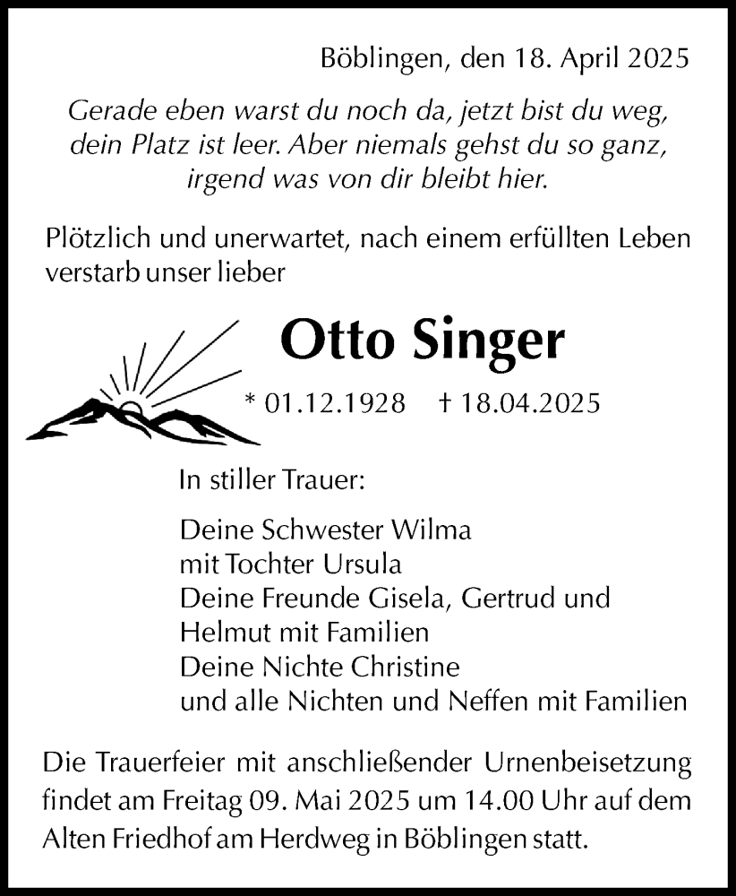  Traueranzeige für Otto Singer vom 02.05.2025 aus Kreiszeitung Böblinger Bote
