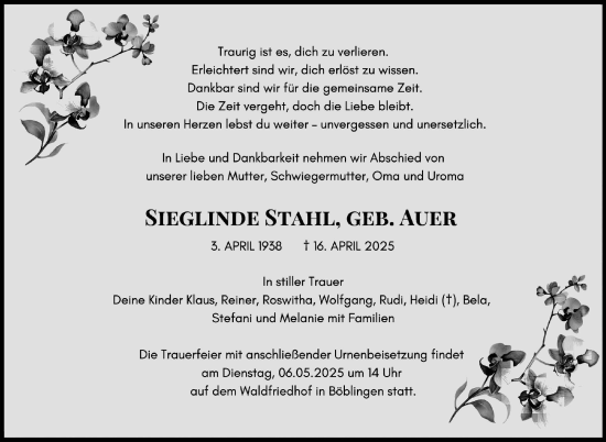 Traueranzeige von Sieglinde Stahl von Kreiszeitung Böblinger Bote