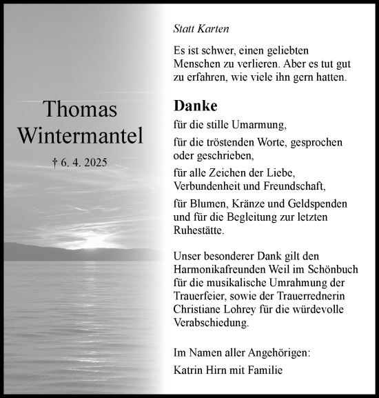 Traueranzeige von Thomas Wintermantel von Kreiszeitung Böblinger Bote